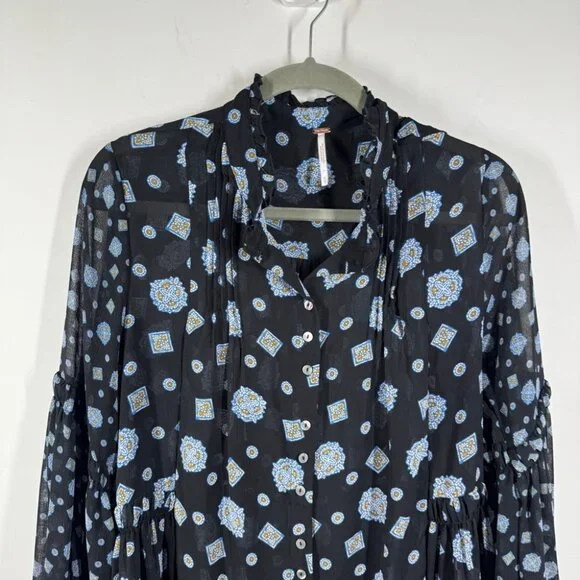 Free People Boho Turn Turn Sheer Mini Dress Size M Printed Festival  Peasant - Picture 5 of 15